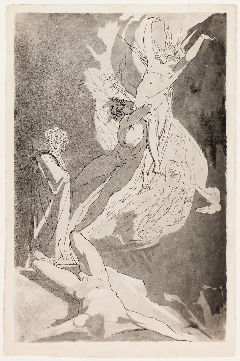Dante svimmar inför Paolos och Francescas svävande själar, Virgil vid hans sida av Johann Heinrich Füssli
