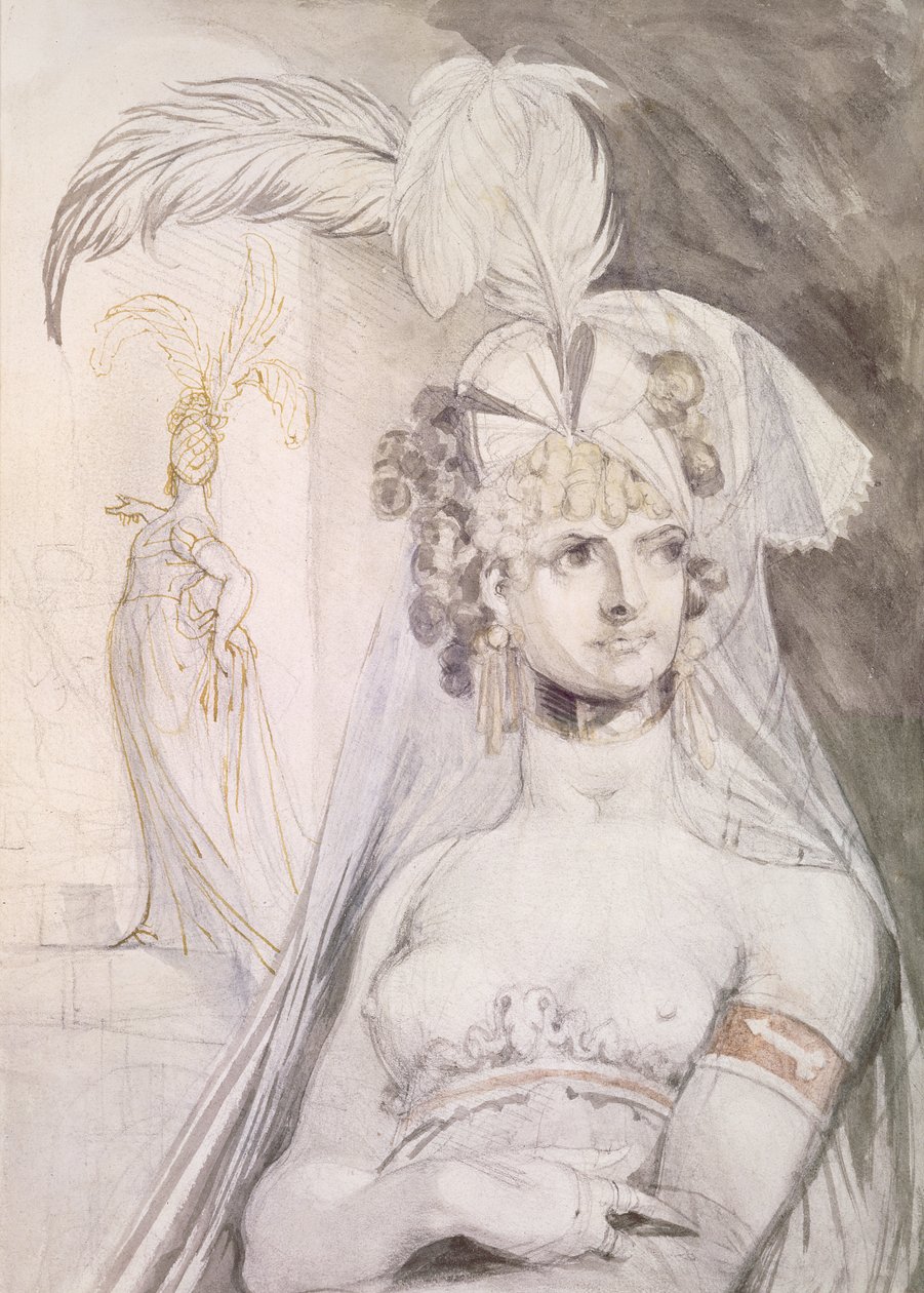 Halvfigur av en kurtisan med fjädrar, en rosett och en slöja i håret, 1800-10 (penna, wc och bläck på papper) av Johann Heinrich Füssli