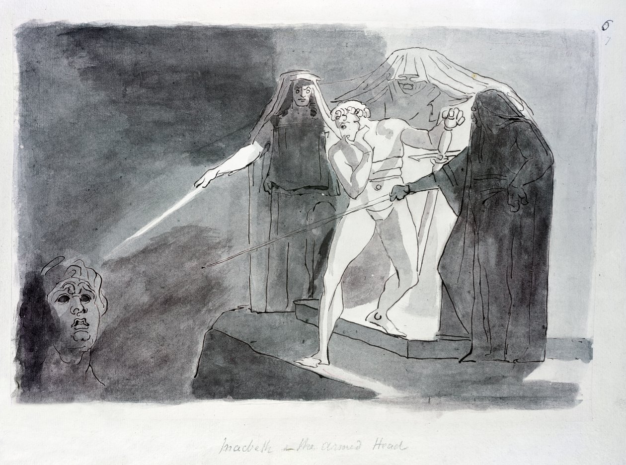 Macbeth and the Armed Head (penna och tvätt på papper) av Johann Heinrich Füssli