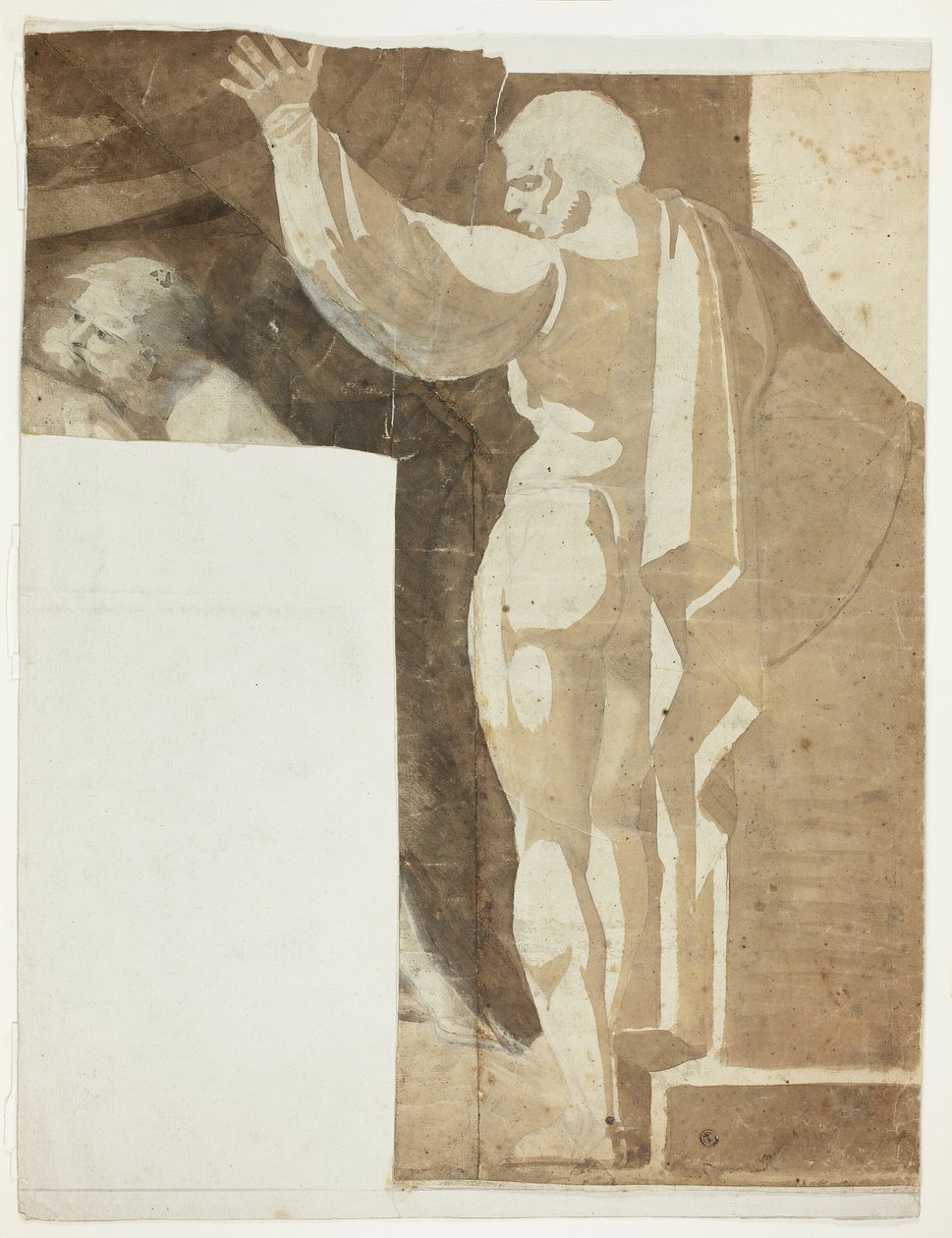 Manlig figur med vänster arm upplyft sett från baksidan och fragment av gammal man av Johann Heinrich Füssli