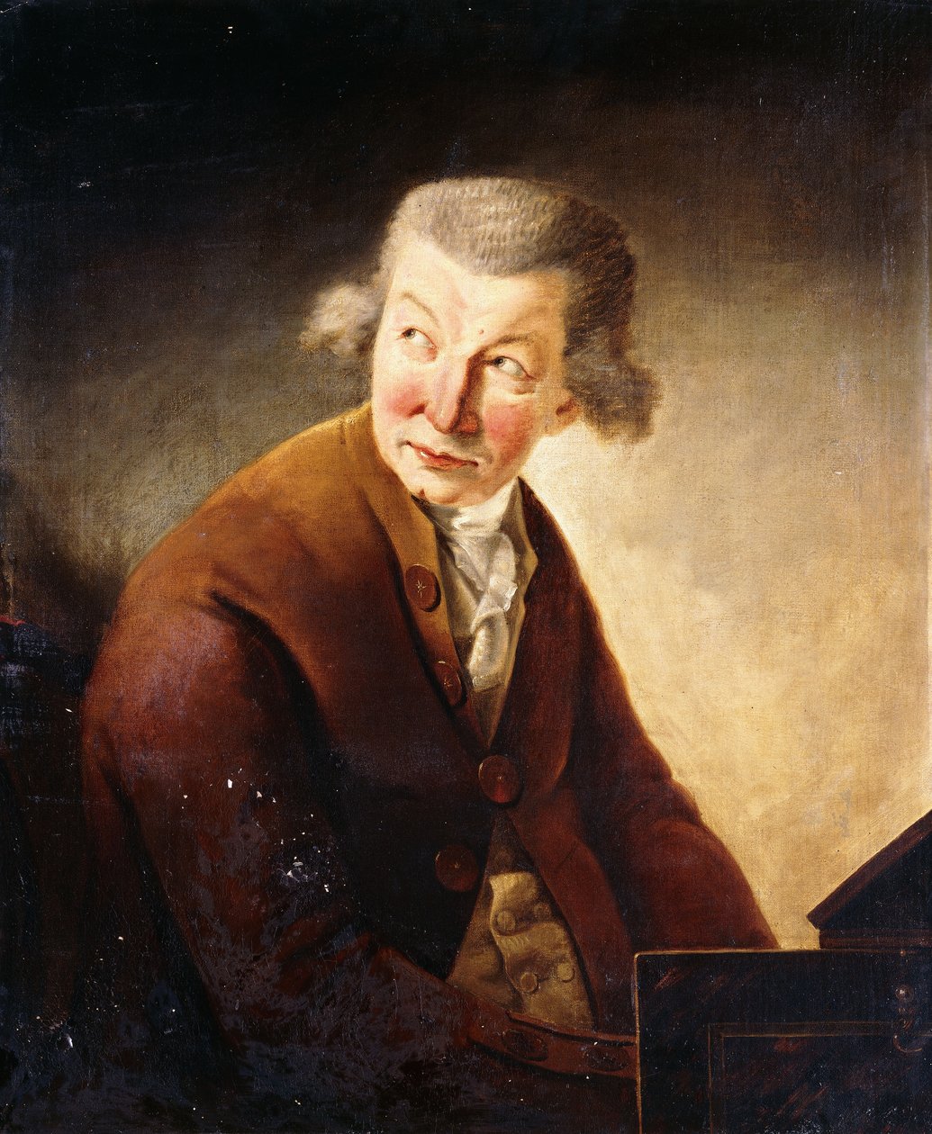Porträtt av en gentleman, identifierad som Franz Joseph Haydn, halvlångt, vid en Pianoforte av Johann Heinrich Füssli