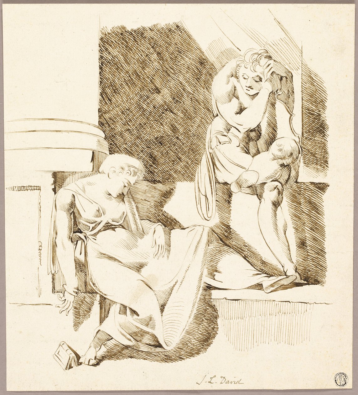 棚スウェーデン語で眠っている女性を見て座っている吟遊詩人 av Johann Heinrich Füssli