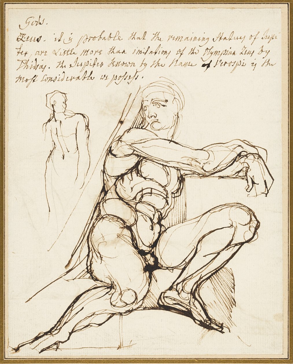 Studie av Ignudo i Sixtinska kapellet, Rom (recto); Parafras av Ignudo som sitter till övre höger om profeten Jeremia i kapellet, Rom (verso) av Johann Heinrich Füssli