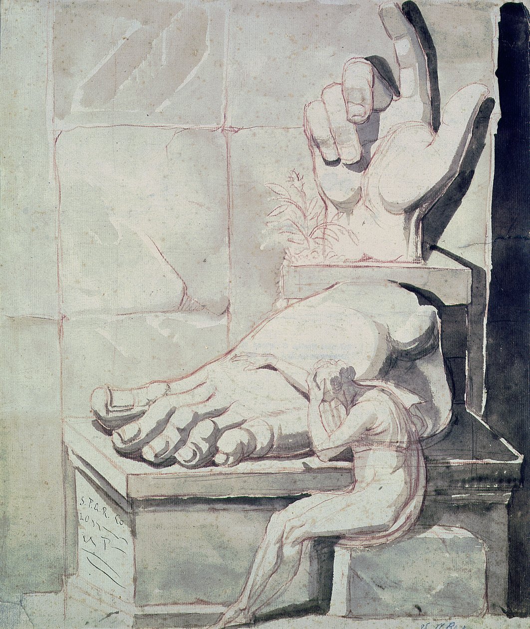 Konstnären i förtvivlan över storleken på antika fragment (höger och vänster fot av Konstantins koloss) 177880 (röd krita och sepiatvätt på papper) av Johann Heinrich Füssli