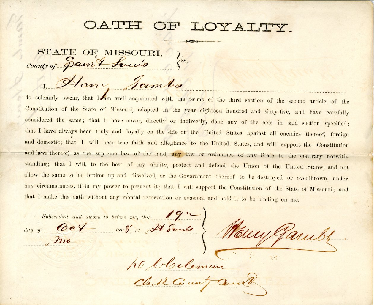 Loyalty oath of  Henry Gambs of Missouri, County of St. Louis av Henry Gambs