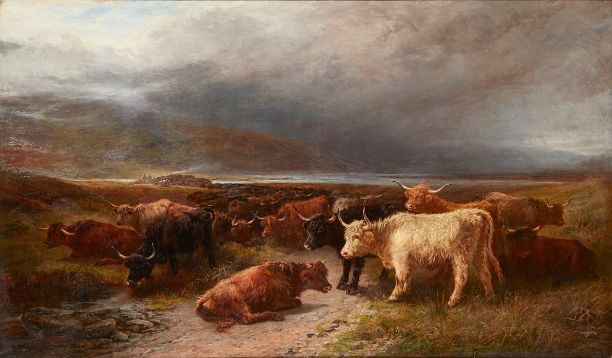 Highland Cattle in a Mountain Glen (olja på duk) av Henry Garland