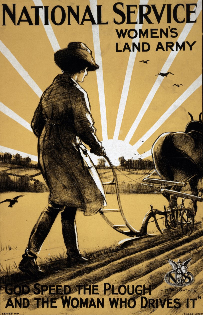 Första världskriget: "En ung kvinna som plöjer landet"" propagandaaffisch för kvinnors landarmé 1917 Illustration av Henry George Gawthorn (1879-1941) DR av Henry George Gawthorn