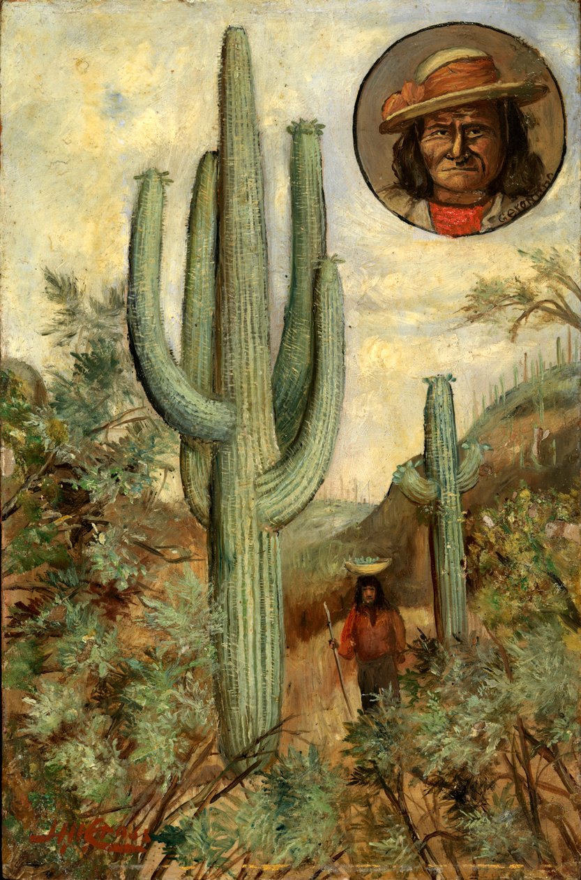 Kaktuslandskap med porträtt av Geronimo, 1886-1909. av Henry H. Cross