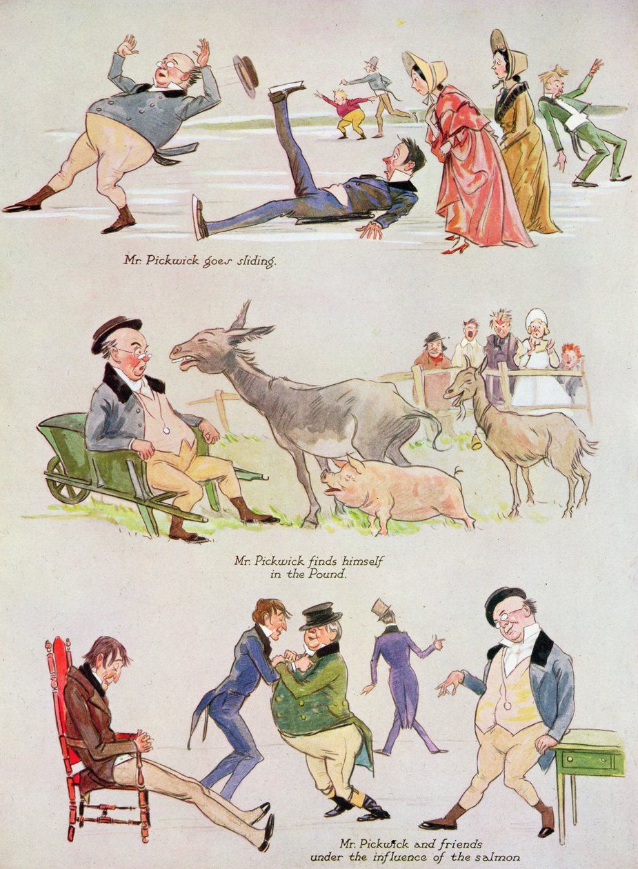 Tecknade serier av Mr. Pickwick från "Holly Leaves", Christmas Number of the Illustrated Sporting and Dramatic News, 1934 (färglitografi) av Henry Harris