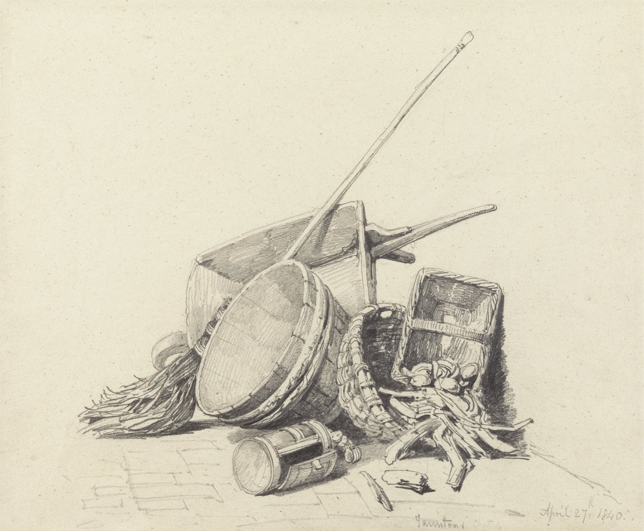 Stilleben med skottkärra och korgar, 27 april 1840 av Henry Harris Lines