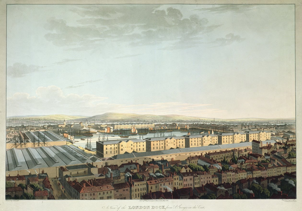 A View of the London Dock from St. Georges-in-the-East, graverad av Daniel Havell, utgiven av T. Clay, 1816 (akvatint). av Henry Haseler