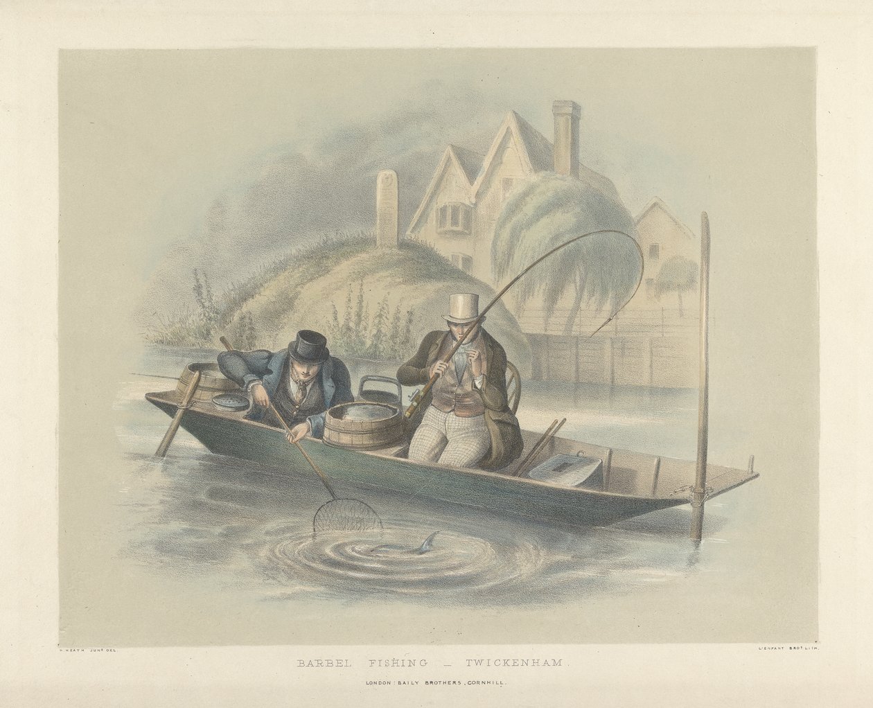 Barbel Fishing, Twickenham, från en uppsättning av sex bilder av mete (handfärgad litho) av Henry Heath