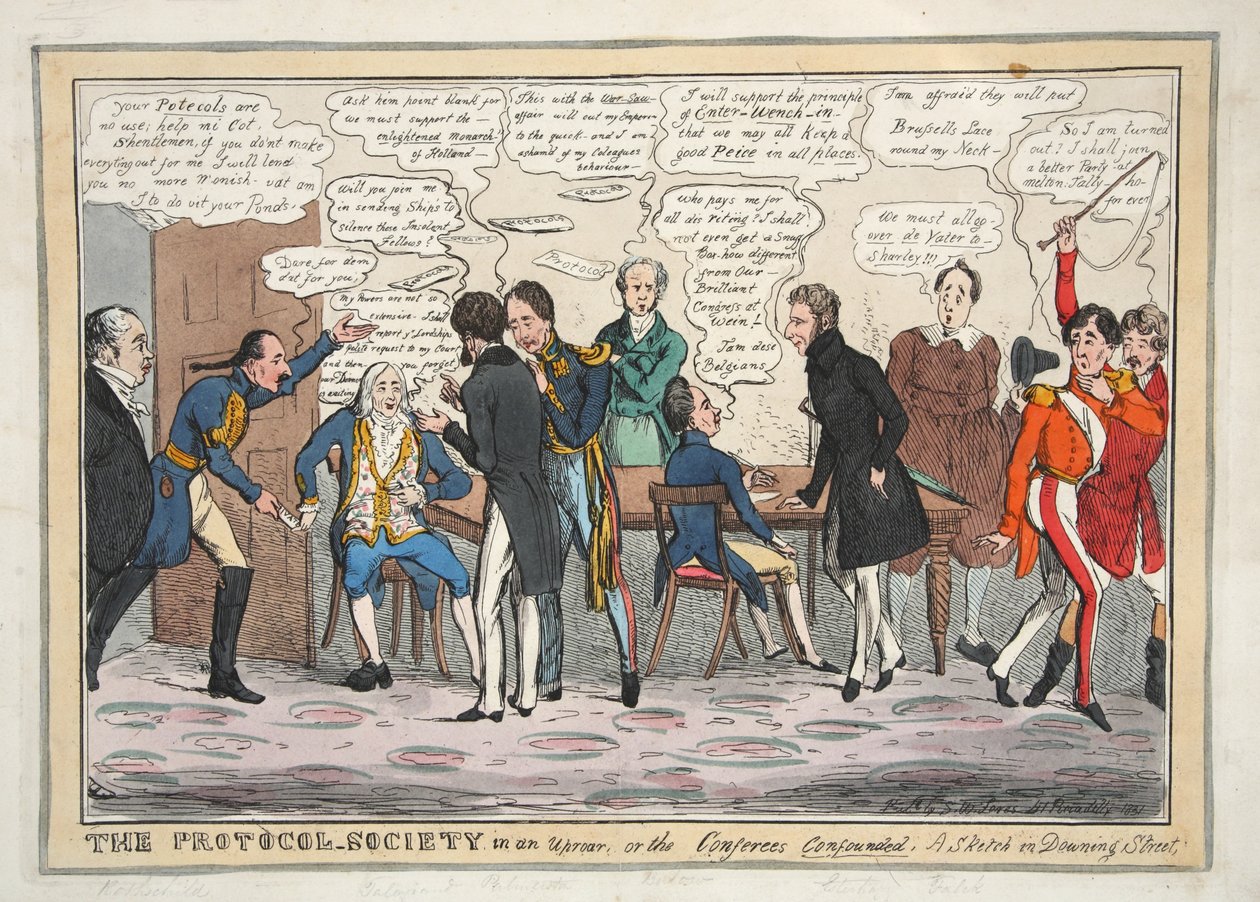 Protokollsamhället i uppror, eller konferensdeltagarna förvirrade. En sketch i Downing Street, pub. 1831 (handfärgad gravyr) av Henry Heath