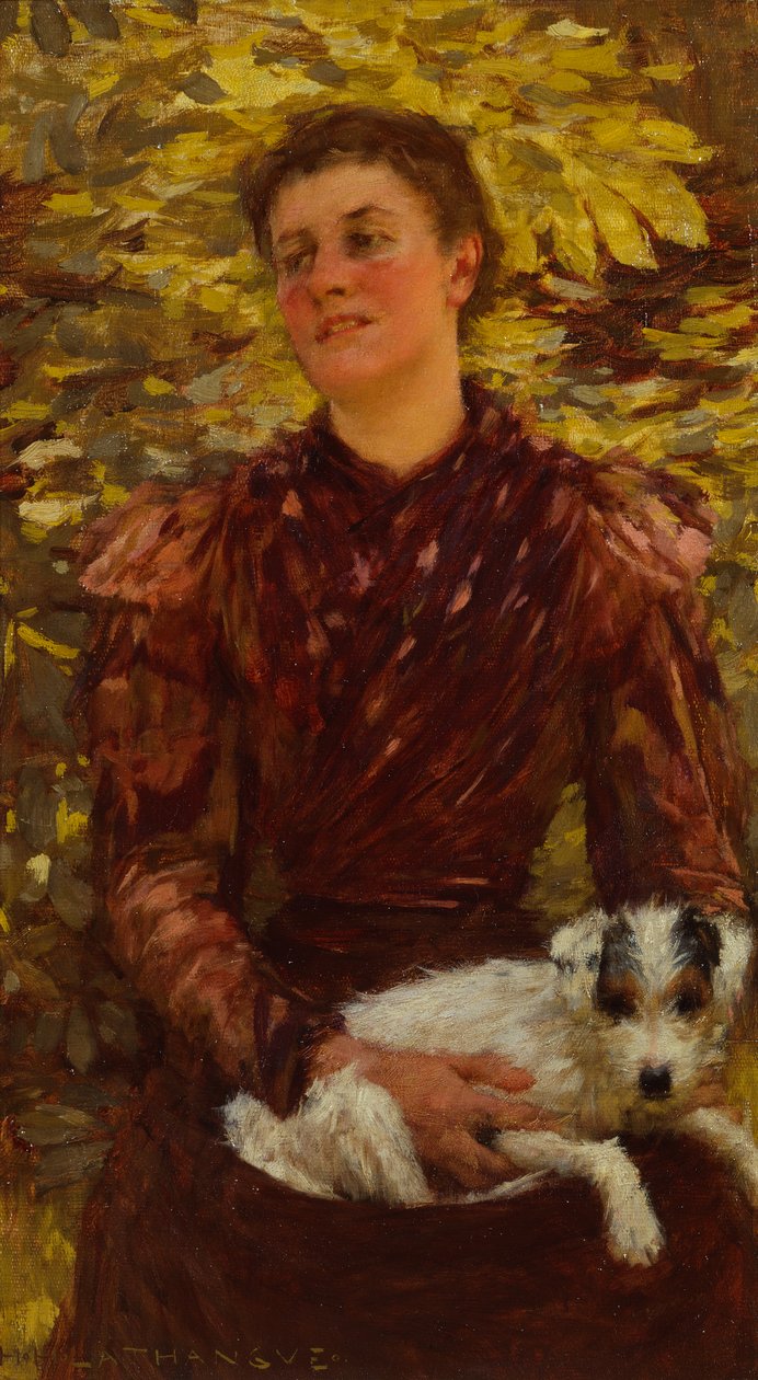 Ung flicka med en hund (olja på duk) av Henry Herbert La Thangue
