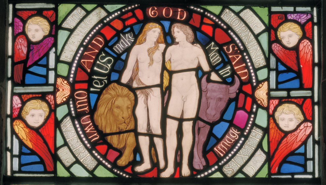 Adam och Eva, Benedicite Fönsterdetalj, ca 1895 (målat glas) av Henry Holiday