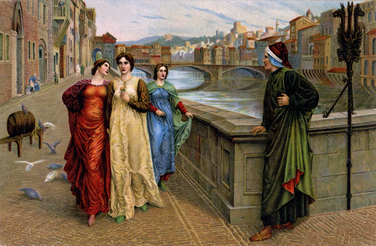 Dante Alighieri möter sin musa Beatrice Portinari i Florens, ca 1890 (tryck) av Henry Holiday