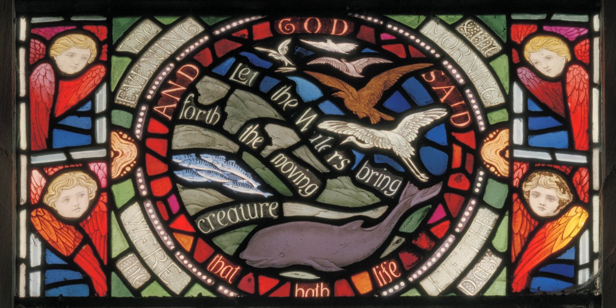 Let The Waters Bring Forth, Benedicite fönsterdetalj, ca 1895 (målat glas) av Henry Holiday