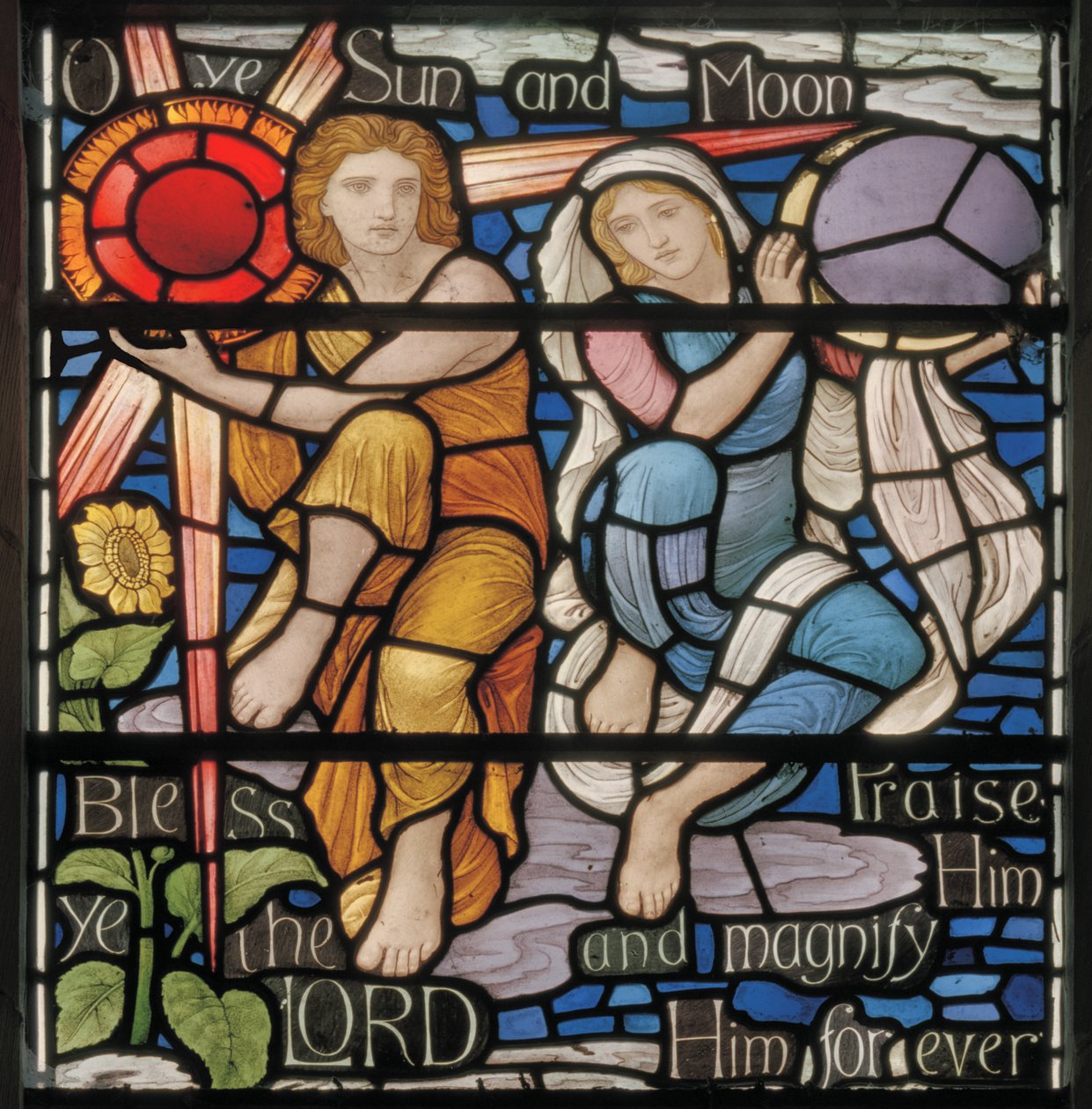 O Ye Sun & Moon, Benedicite Fönsterdetalj, ca 1895 (målat glas) av Henry Holiday
