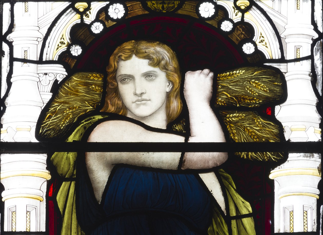 Ruth med majs, detalj, 1881-83 (målat glas) av Henry Holiday