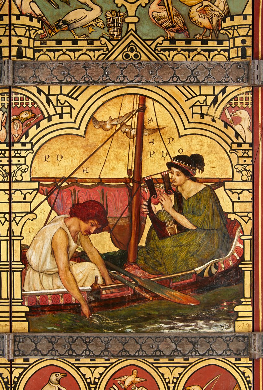 Sappho och Phaon, detalj av den stora bokhyllan av Henry Holiday
