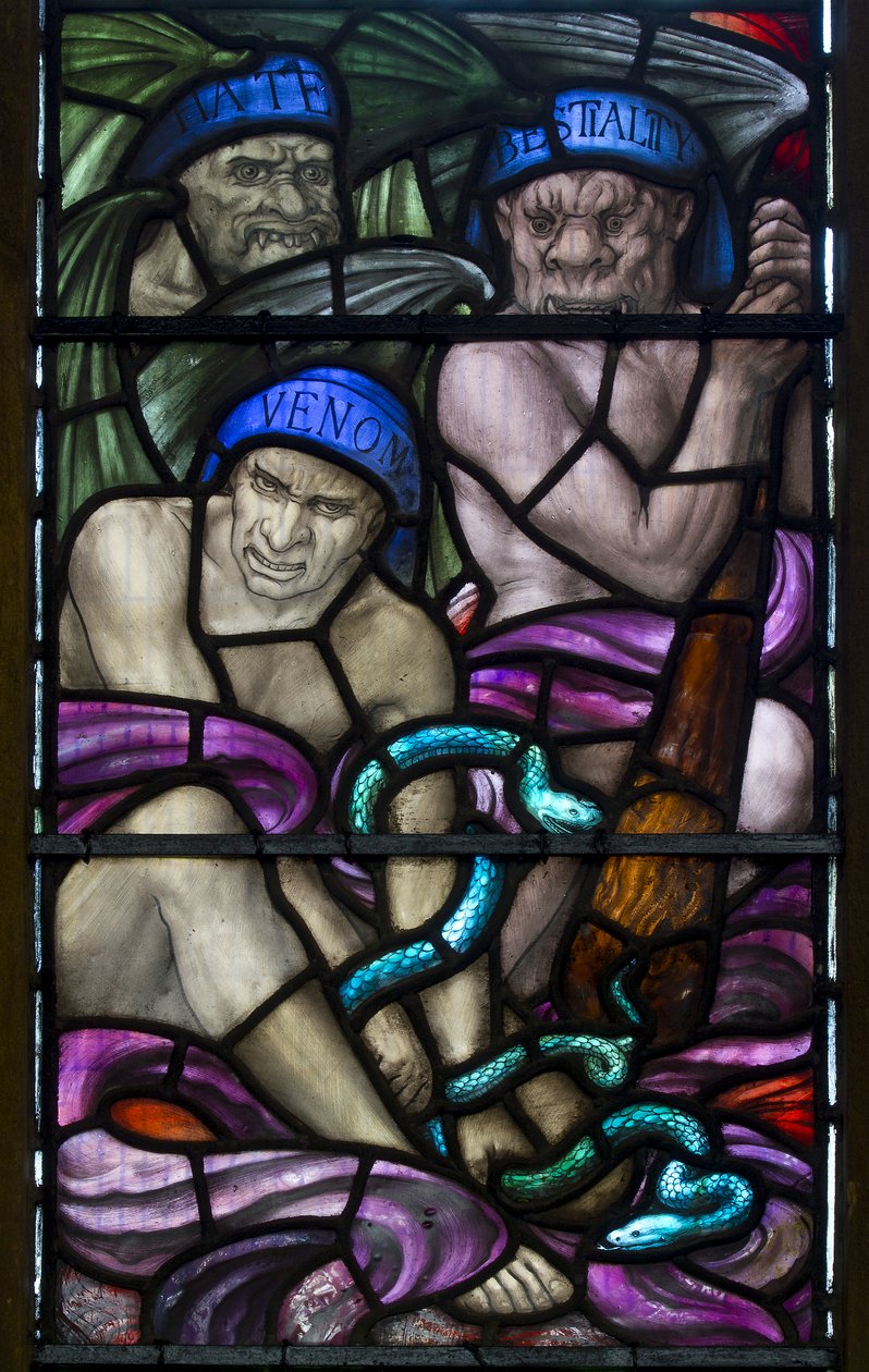 Yeovil, St John The Baptist, Lowndes & Drury, Henry Holiday, Hat, Bestialitet och gift, 1917-18 av Henry Holiday