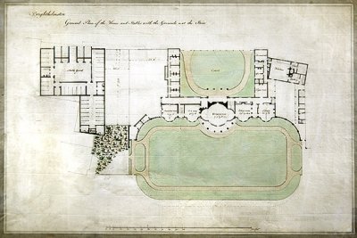 Brighthelmstone, eller Brighton Pavilion - allmän plan över hus och stall med tomt, som visar utbyggnad av arkitekten Henry Holland (1745-1806), ca 1801 (akvarell på papper) av Henry Holland