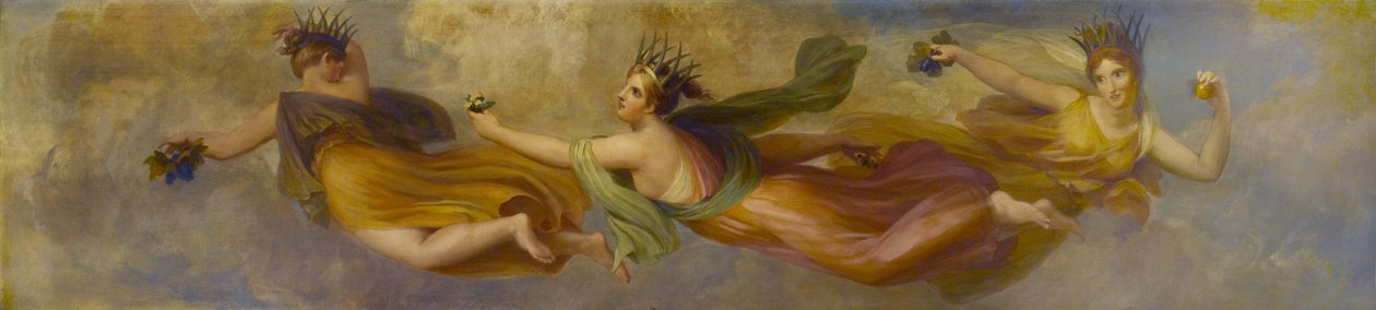 Horae eller årstiderna (som förr antogs vara tre), som sprider sina olika produktioner, 1834 (olja på mahognypanel) av Henry Howard
