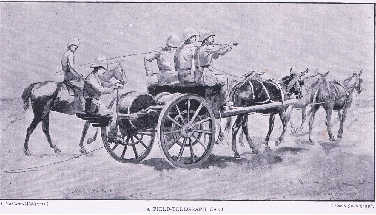 En fälttelegrafvagn, från After Pretoria: The Guerilla War publicerad av Harmsworth Bros Limited, 1901 av Henry Inglis Jodrel Sheldon Williams
