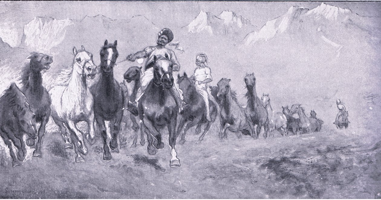 Indiska coolies tar remounts till Stellens bosch, från After Pretoria: The Guerilla War publicerad av Harmsworth Bros Limited, 1901 av Henry Inglis Jodrel Sheldon Williams