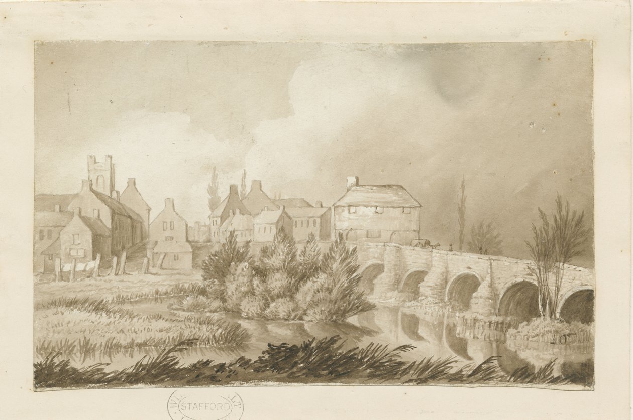 Burton-upon-Trent Bridge and Town: sepiateckning, nd [c 1840] av Henry James Noyes