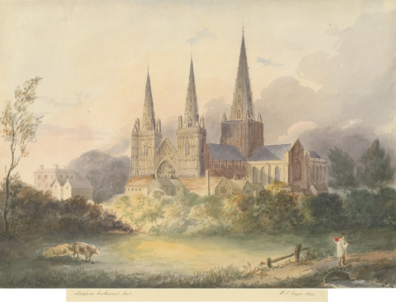 Lichfield Cathedral - West View: akvarellmålning, 1844 av Henry James Noyes