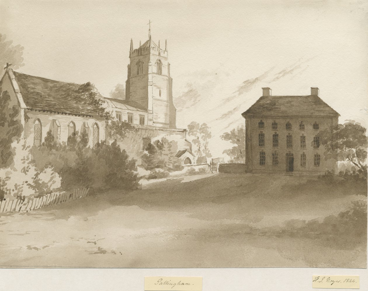 Pattingham Church and Vicarage House: sepiatvättteckning, 1844 av Henry James Noyes