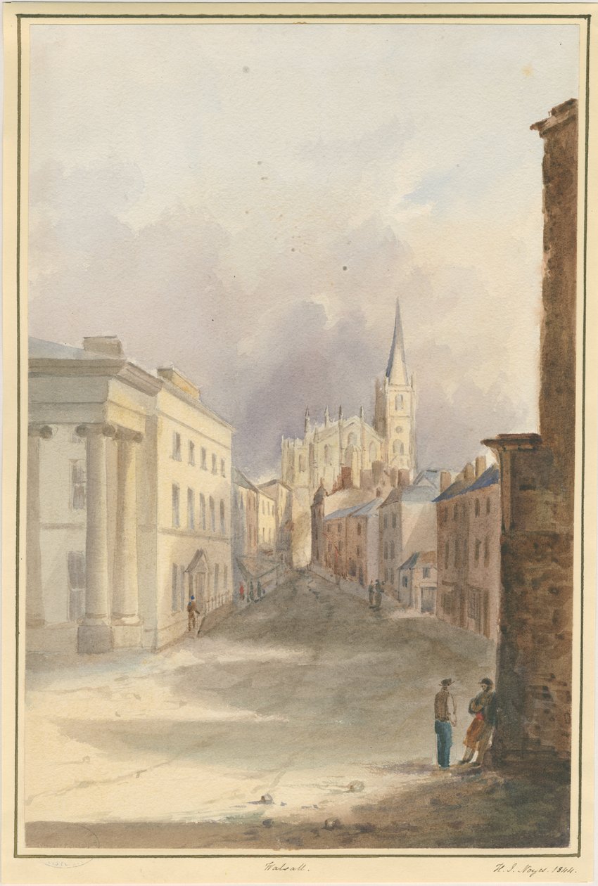 Walsall Town and Church: akvarellmålning, 1844 av Henry James Noyes