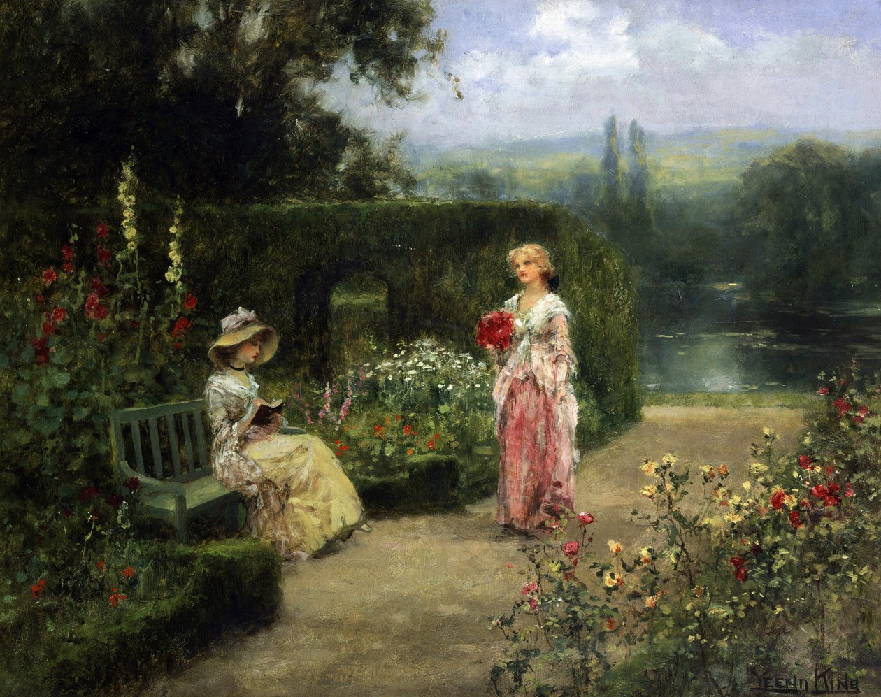 Unga kvinnor i en trädgård på den engelska landsbygden. Målning av Yeend King (1855-1924) Privat samling. av Henry John Yeend King