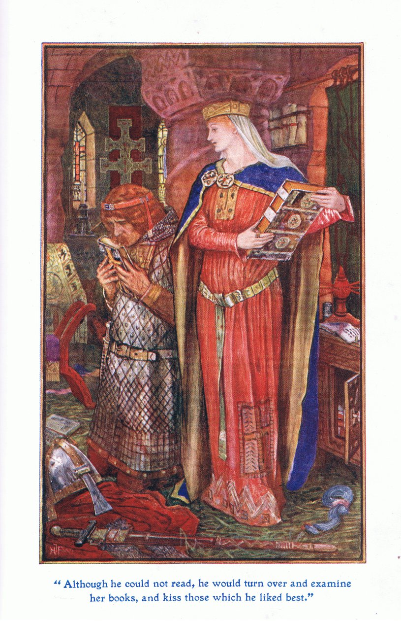 Även om han inte kunde läsa, vände han sig om och granskade hennes böcker och kysste dem han tyckte bäst om, 1912 av Henry Justice Ford