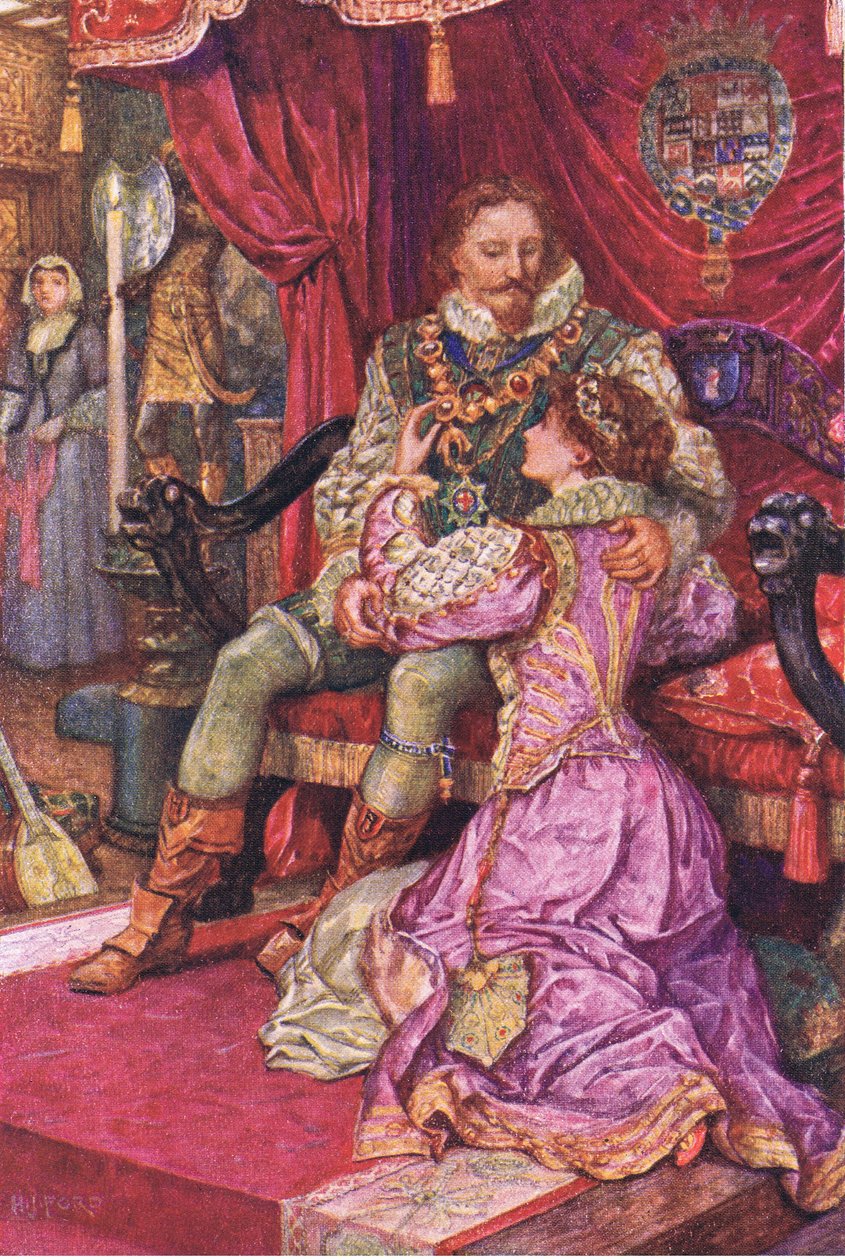 Amy undersöker Earl of Leicesters order, illustration från Kenilworth, ca 1910 av Henry Justice Ford