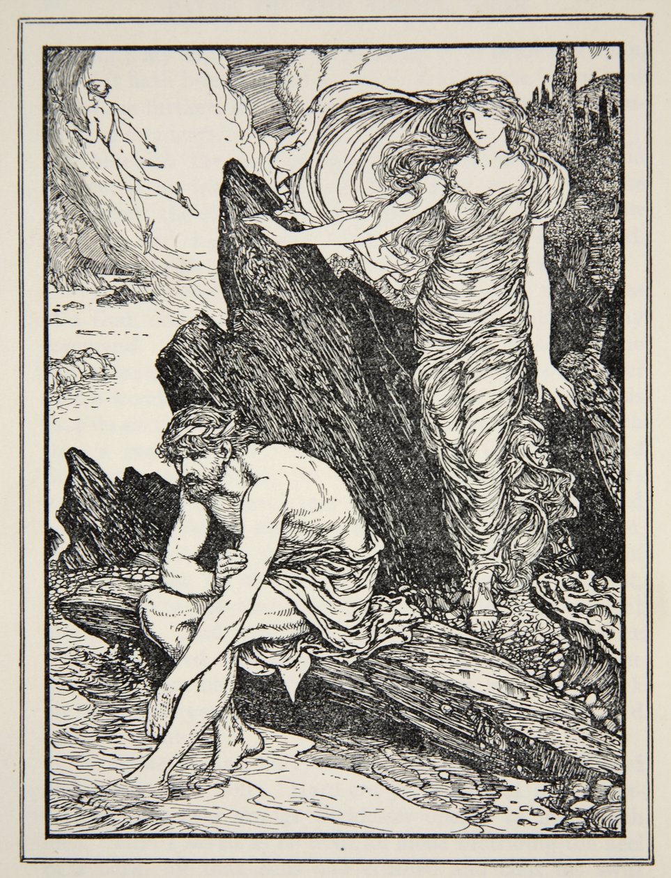 Calypso tar synd om Ulysses, från "Tales of the Greek Seas" av Andrew Lang av Henry Justice Ford