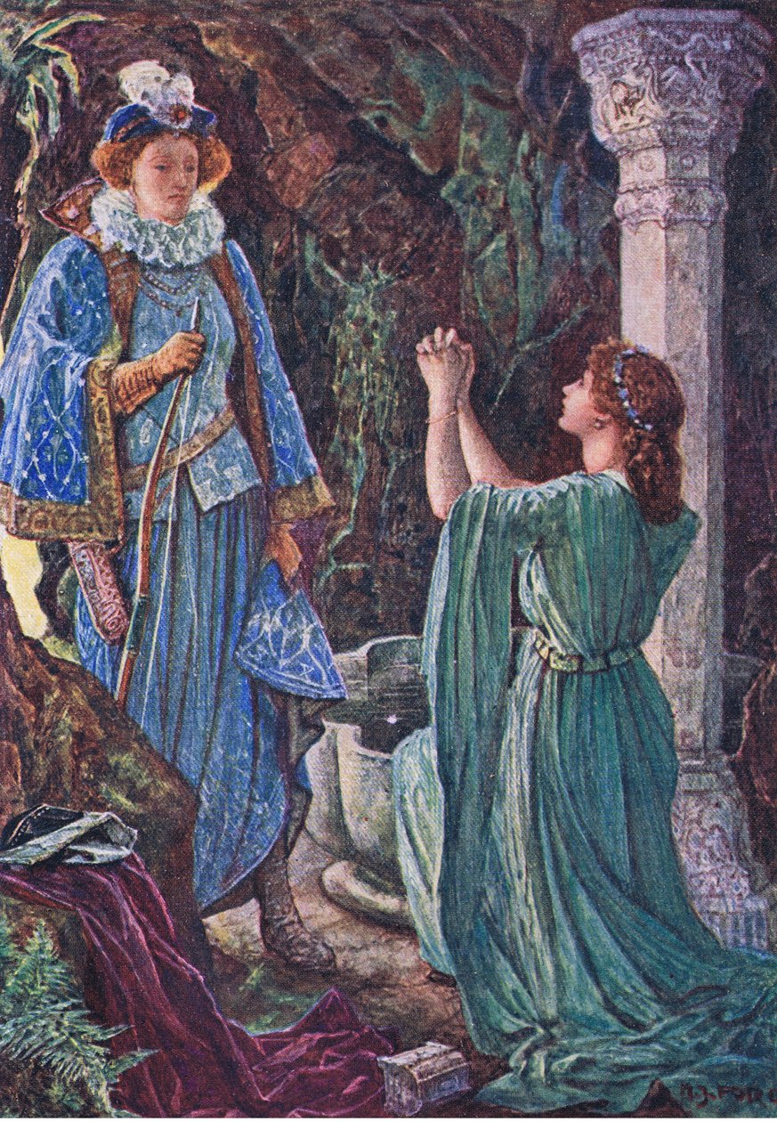 Elizabeth och Amy möts i grottan, illustration från Kenilworth, ca 1910 av Henry Justice Ford
