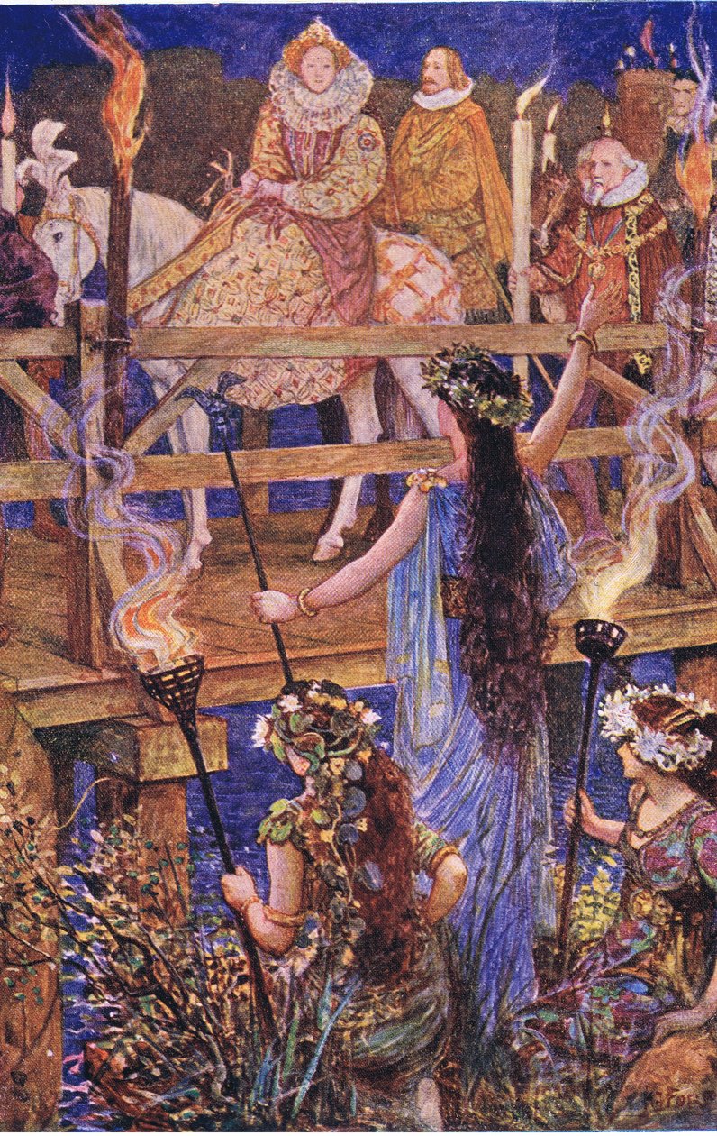 Elizabeth välkomnas av damen på den flytande ön, illustration från Kenilworth, ca 1910 av Henry Justice Ford