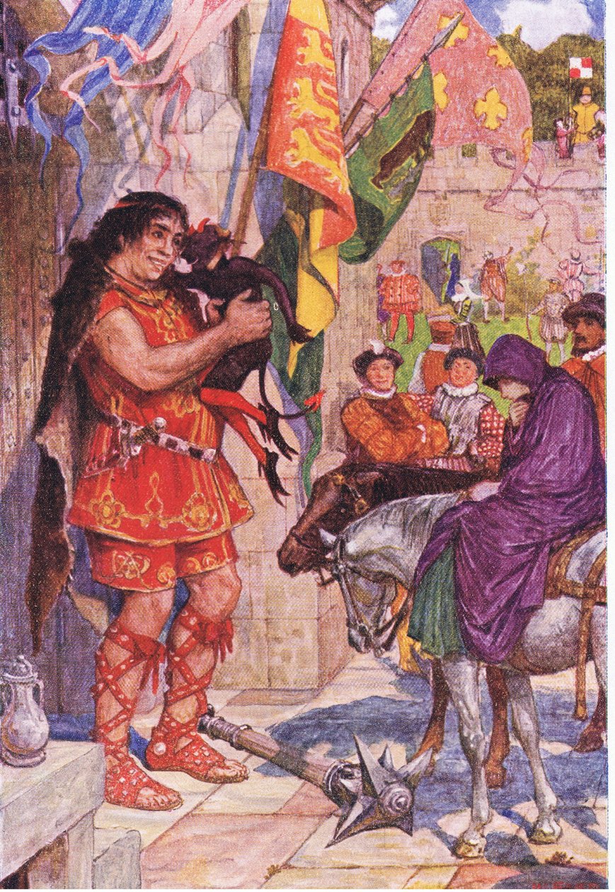 Flibbertigibbet klädd som en djävul lugnar jätten när Wayland tar med Amy till Kenilworth Castle, illustration från Kenilworth, ca 1910 av Henry Justice Ford