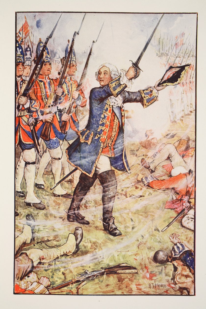 Georg II vid Dettingen, 1743, illustration från "A History of England" av C.R.L. Fletcher och Rudyard Kipling, 1911 av Henry Justice Ford