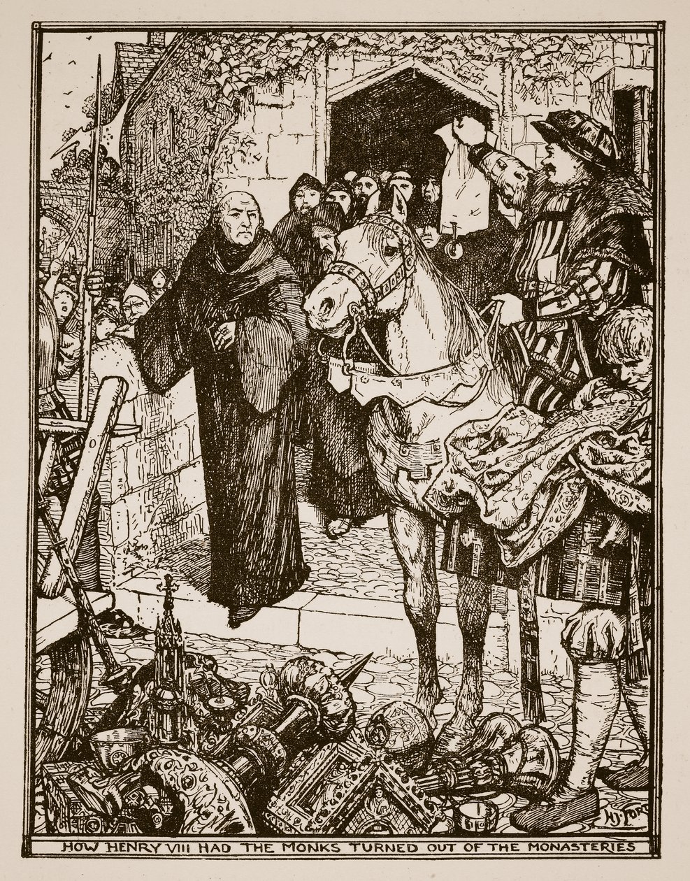 Hur Henrik VIII fick munkarna att lämna klostren, illustration från 