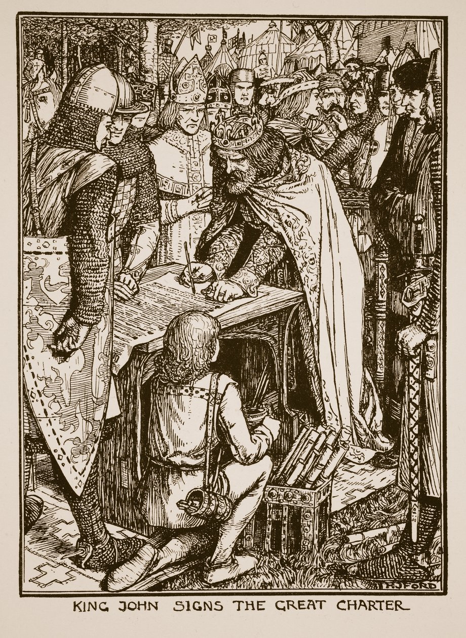 Kung John sjunger den stora stadgan, illustration från "A History of England" av C.R.L. Fletcher och Rudyard Kipling, 1911. av Henry Justice Ford