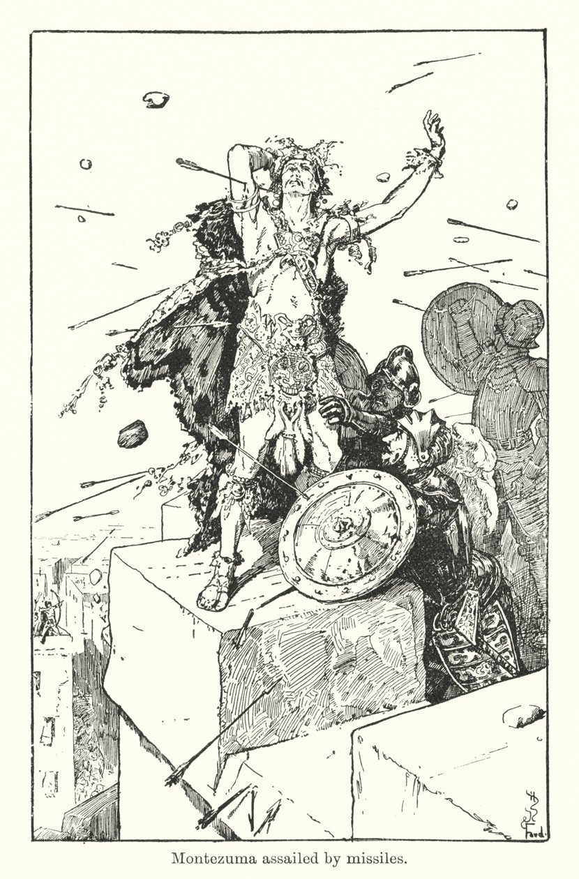 Montezuma attackerad av missiler (gravyr) av Henry Justice Ford