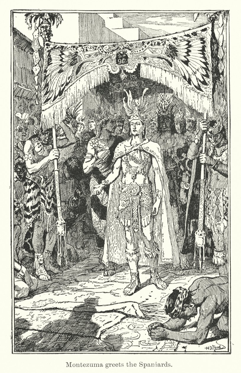 Montezuma hälsar på spanjorerna (gravyr) av Henry Justice Ford
