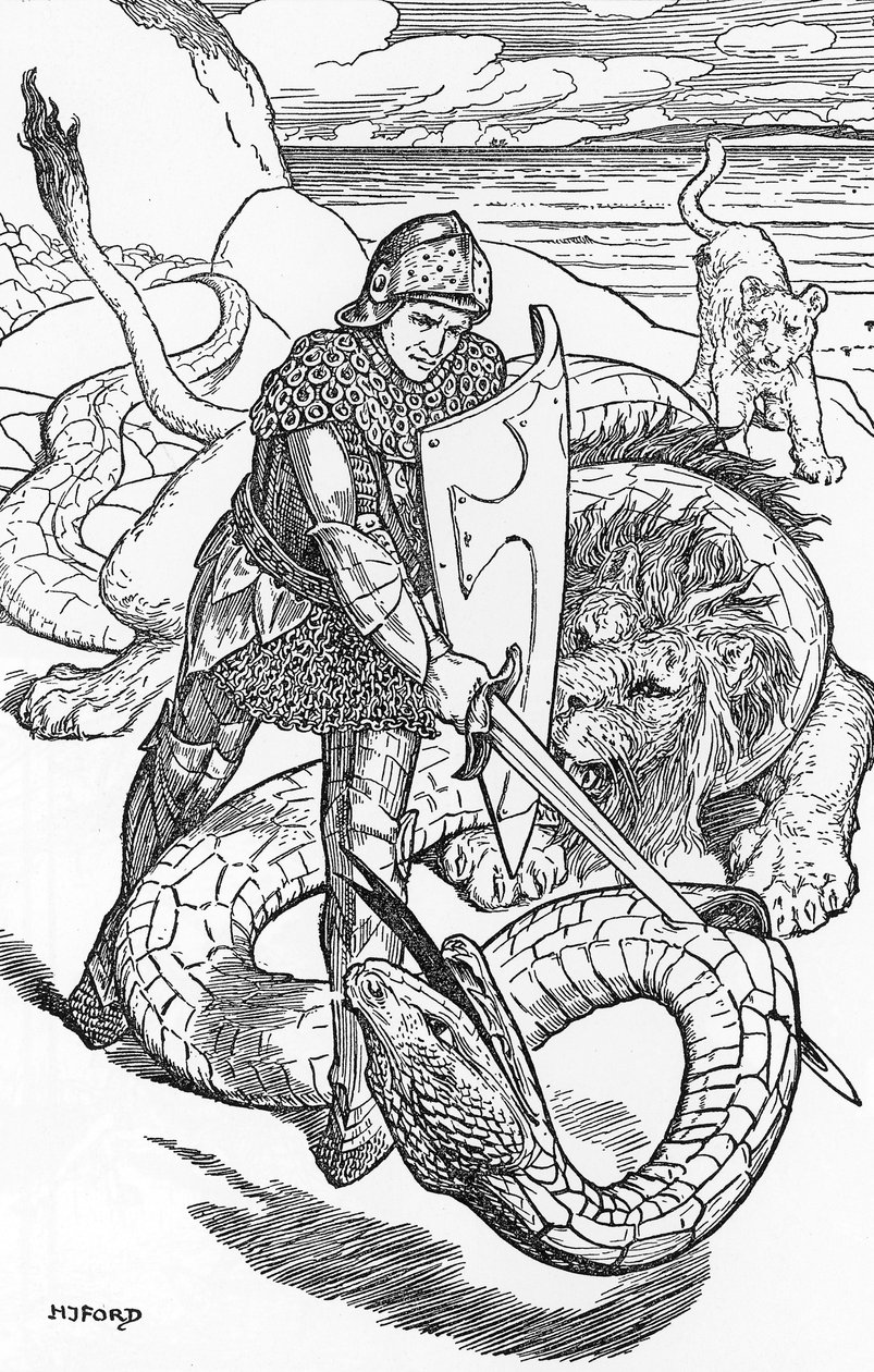 Percival slåss mot ormen Illustration av HJ Ford (1860-1940) från "The book of romance" 1902 Privat samling av Henry Justice Ford