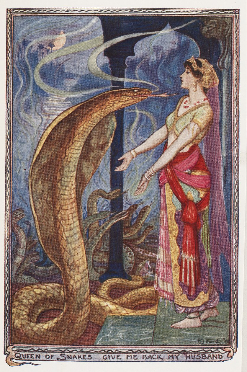 Drottning av ormar, ge mig tillbaka min man, illustration från The Olive Fairy Book, av Andrew Laing, 1907 av Henry Justice Ford
