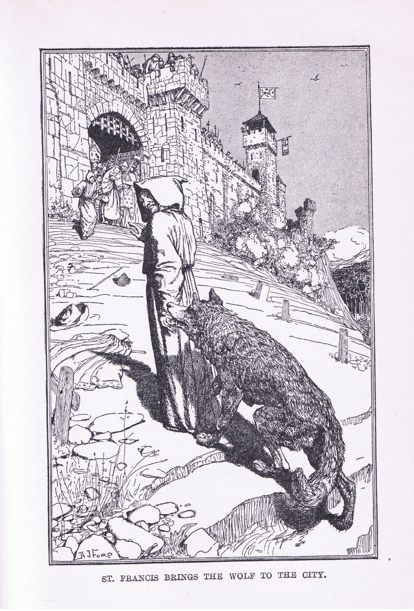 St Francis tar med sig vargen till staden, 1912 av Henry Justice Ford