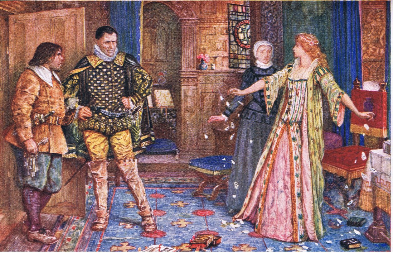Grevinnan av Leicester river upp sin mans brev i närvaro av Varney och Foster, illustration från Kenilworth, ca 1910 av Henry Justice Ford