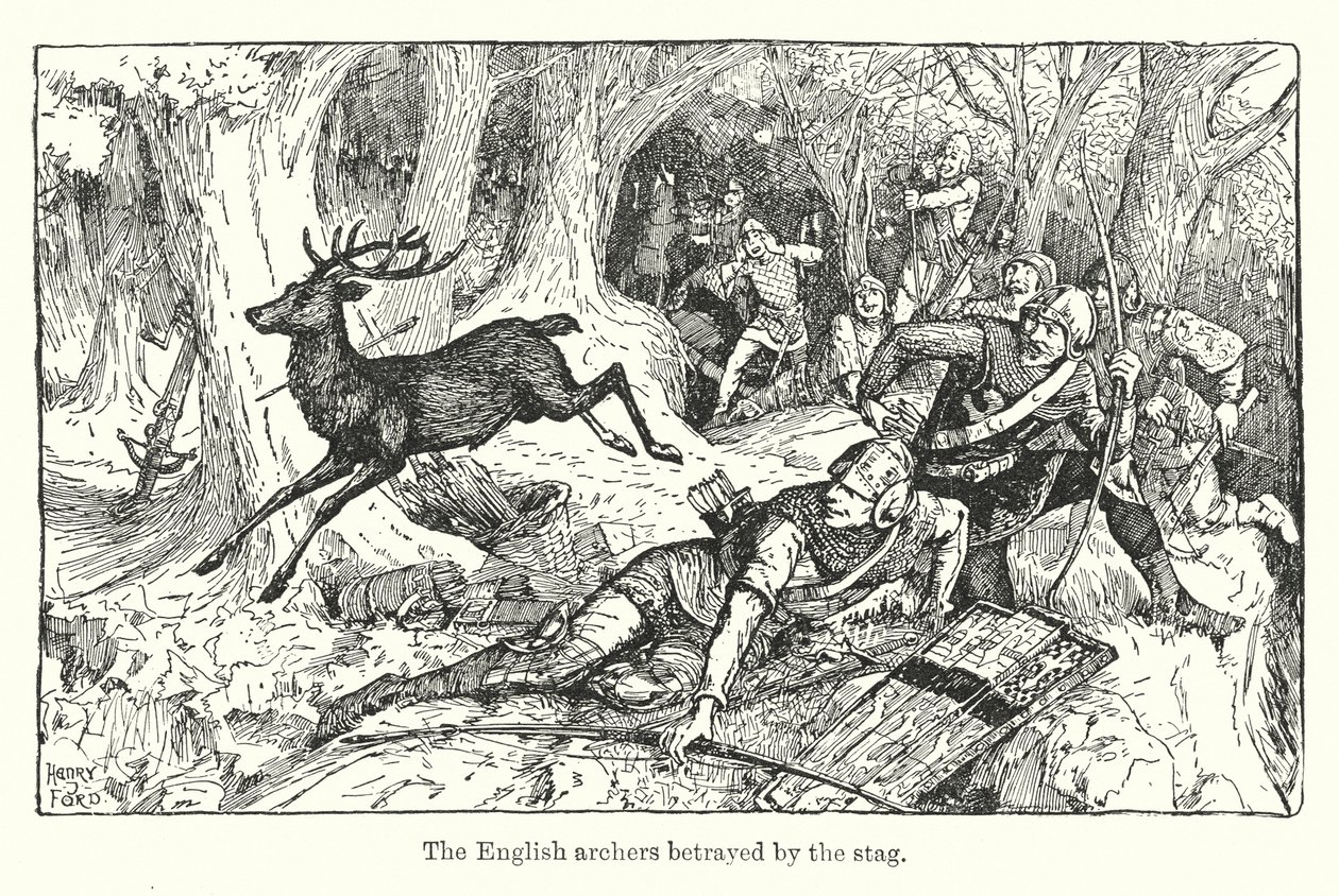 De engelska bågskyttarna förrådda av hjorten (litografi) av Henry Justice Ford